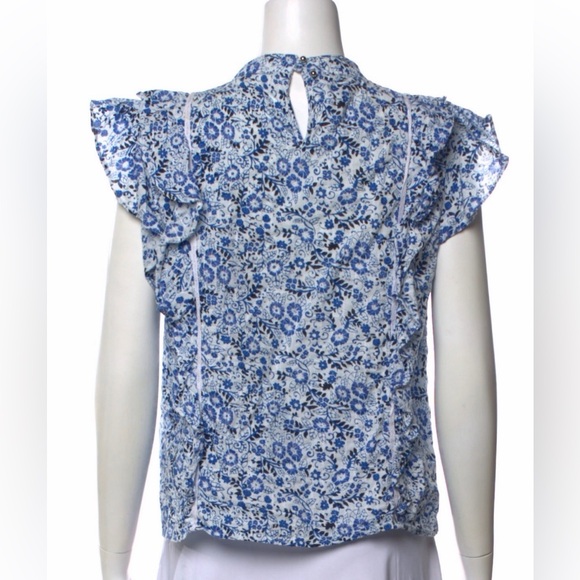 Veronica Beard White and Blue Floral print Mock neck Ruffle Blouse - Picture 8 of 12